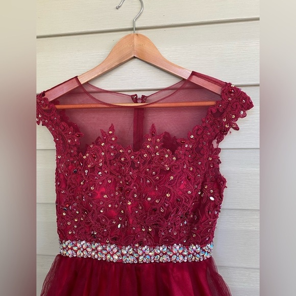 Dancing Queen baby doll red scarlet prom dress mini cap sleeve lace appliqué XS - Picture 15 of 15